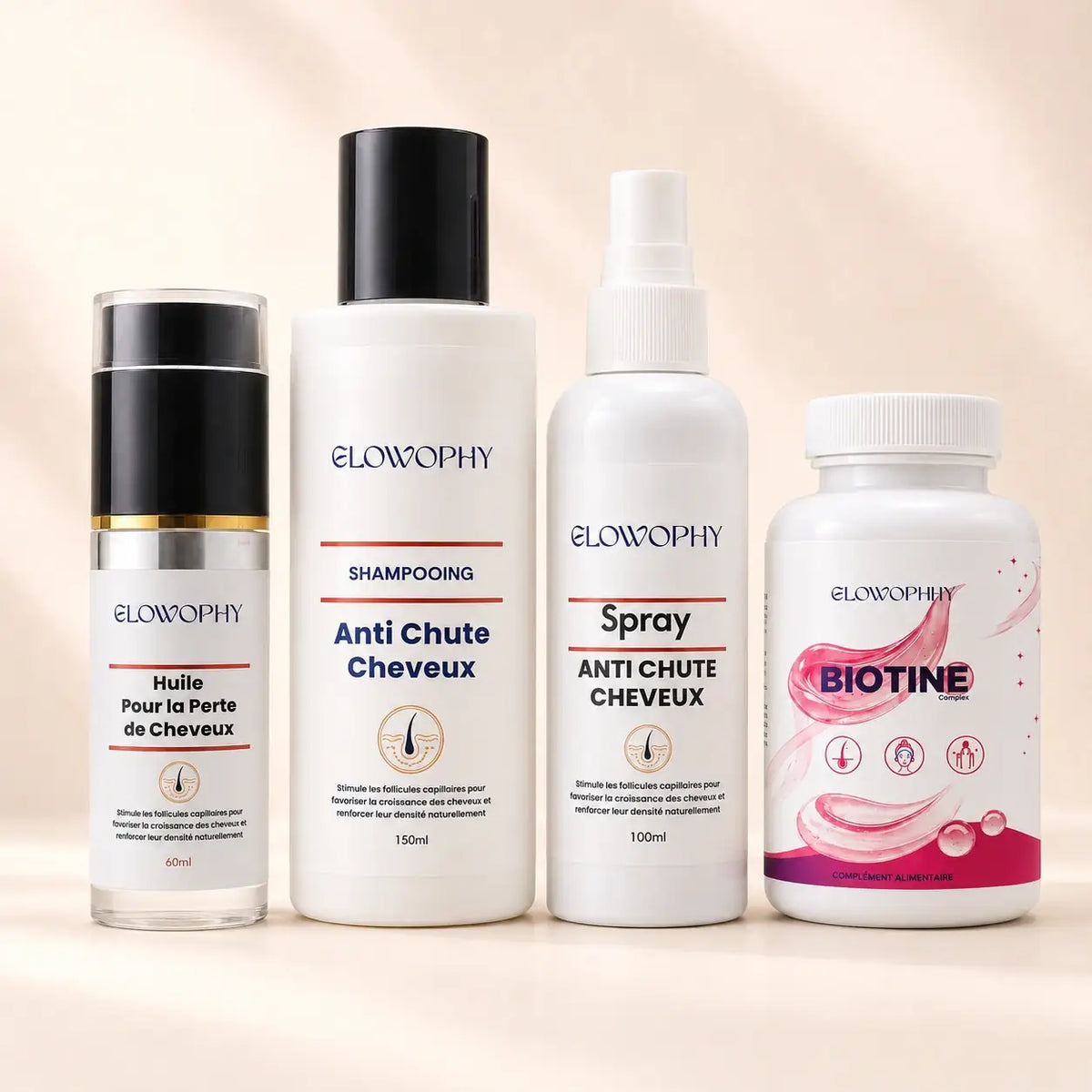 Pack Anti-Chute Renforcé Glowophy avec shampooing, huile, spray et Biotine Complex