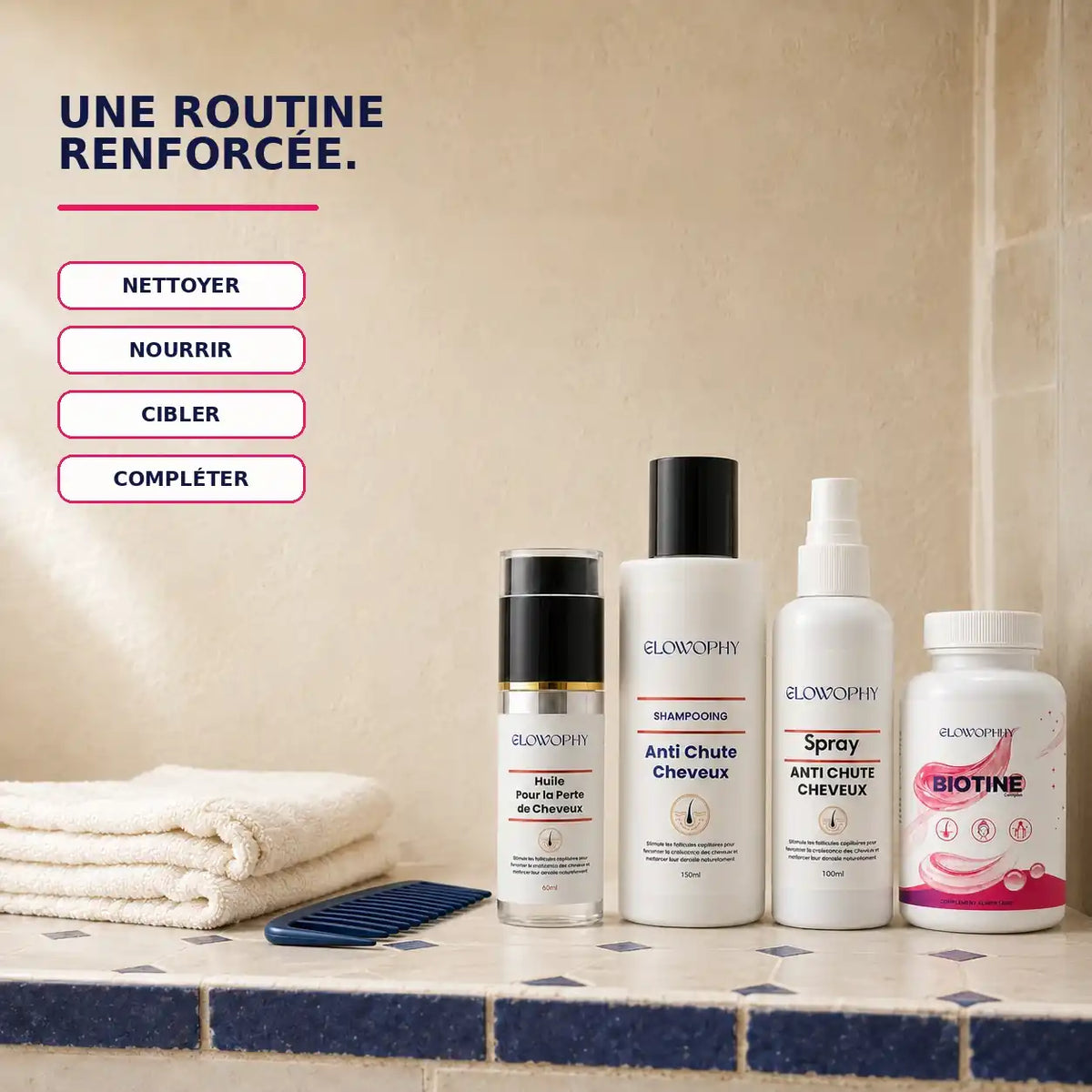 Routine Glowophy en quatre gestes avec shampooing, huile, spray et Biotine Complex