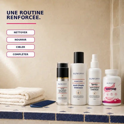 Routine Glowophy en quatre gestes avec shampooing, huile, spray et Biotine Complex