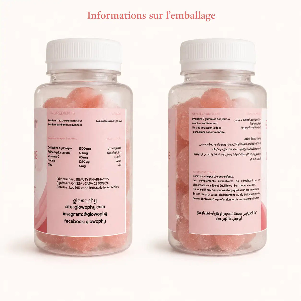 Informations sur l’emballage de Collagène Gummies Glowophy