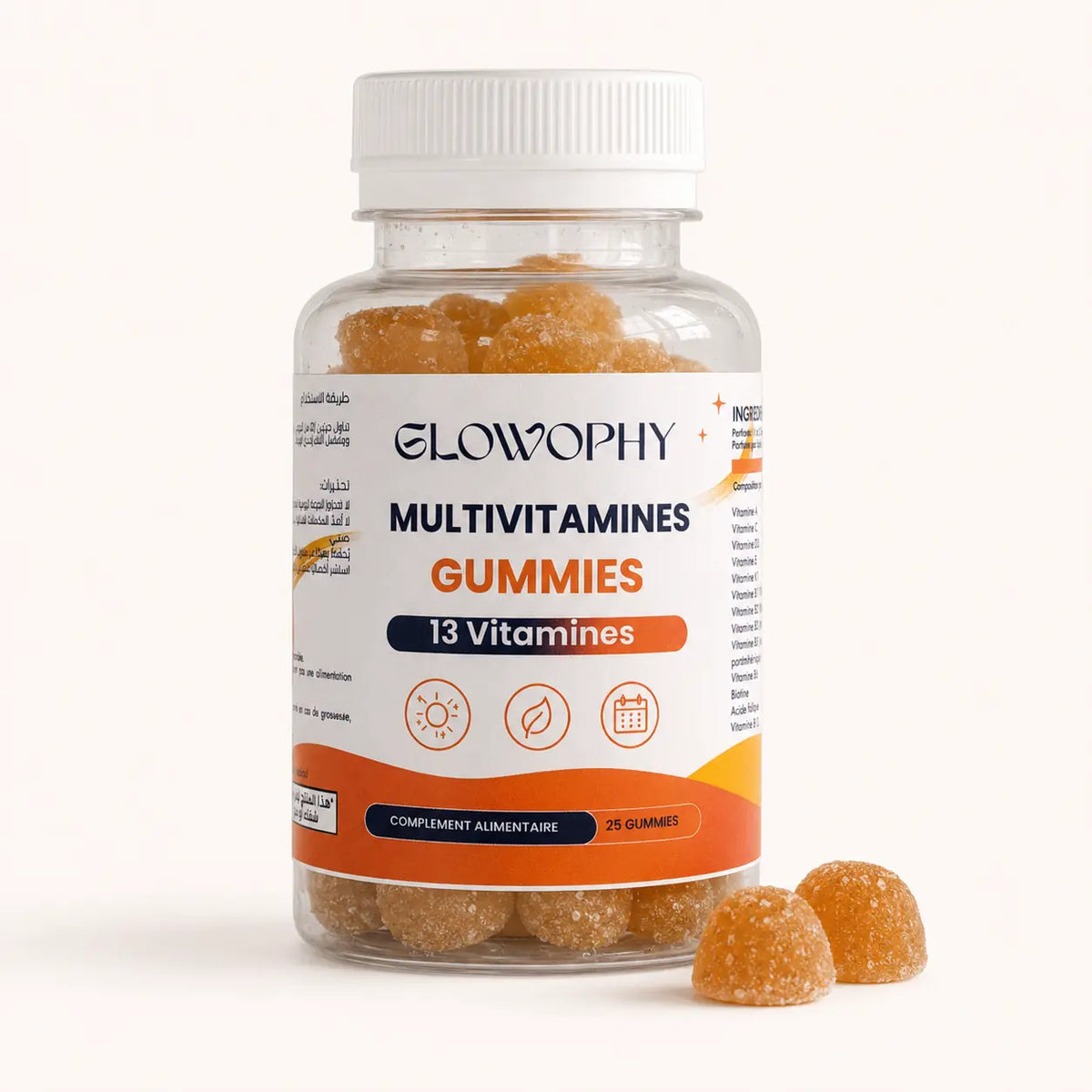 Glowophy Multivitamines Gummies 13 vitamines – flacon sur fond ivoire