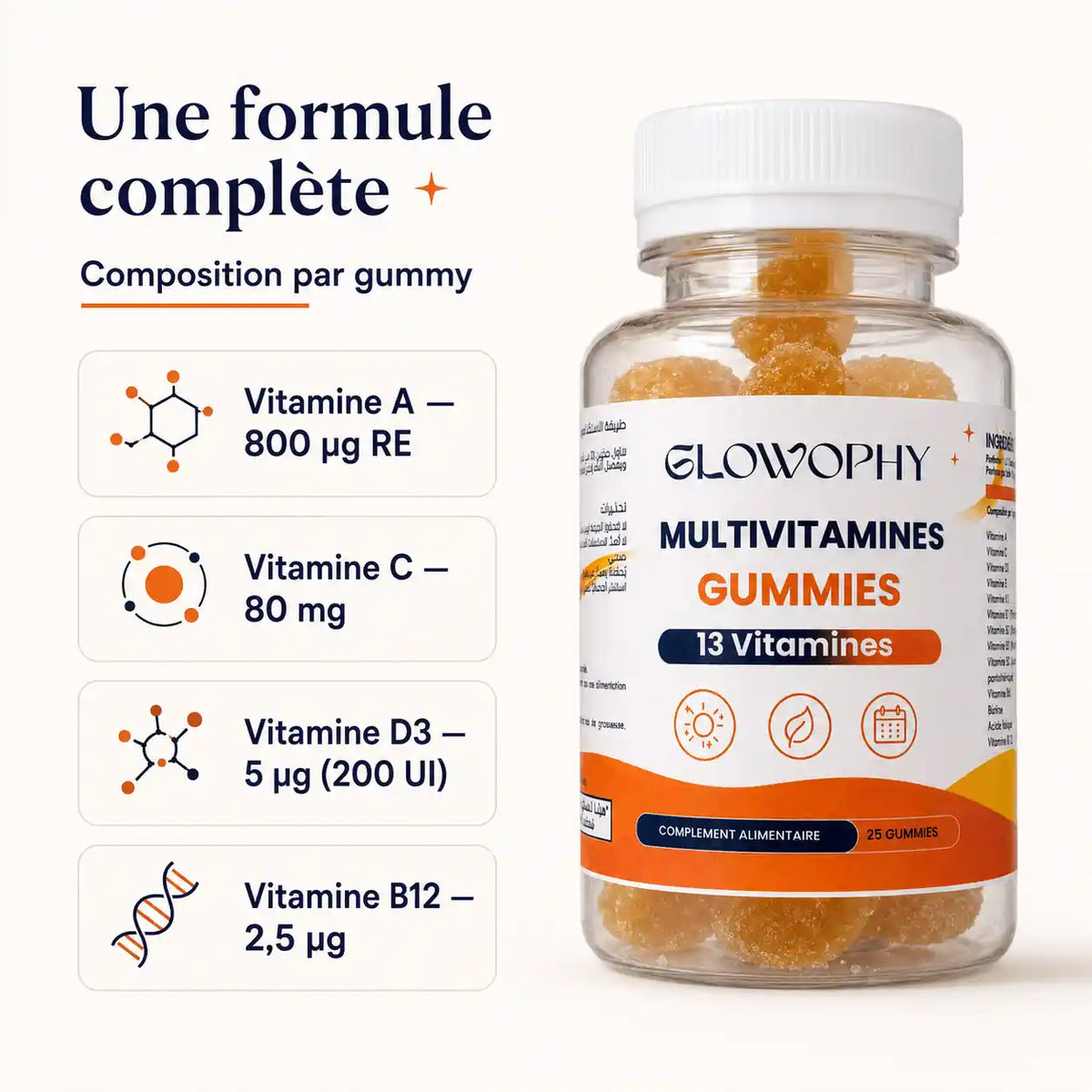Composition Glowophy Multivitamines – vitamines A, C, D3 et B12