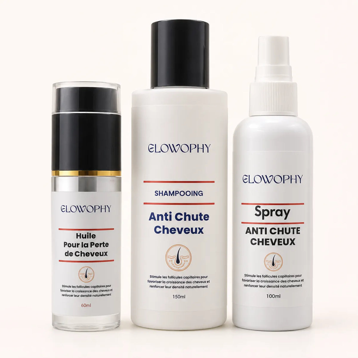 Pack anti-chute cheveux Glowophy au Maroc avec shampooing, huile et spray