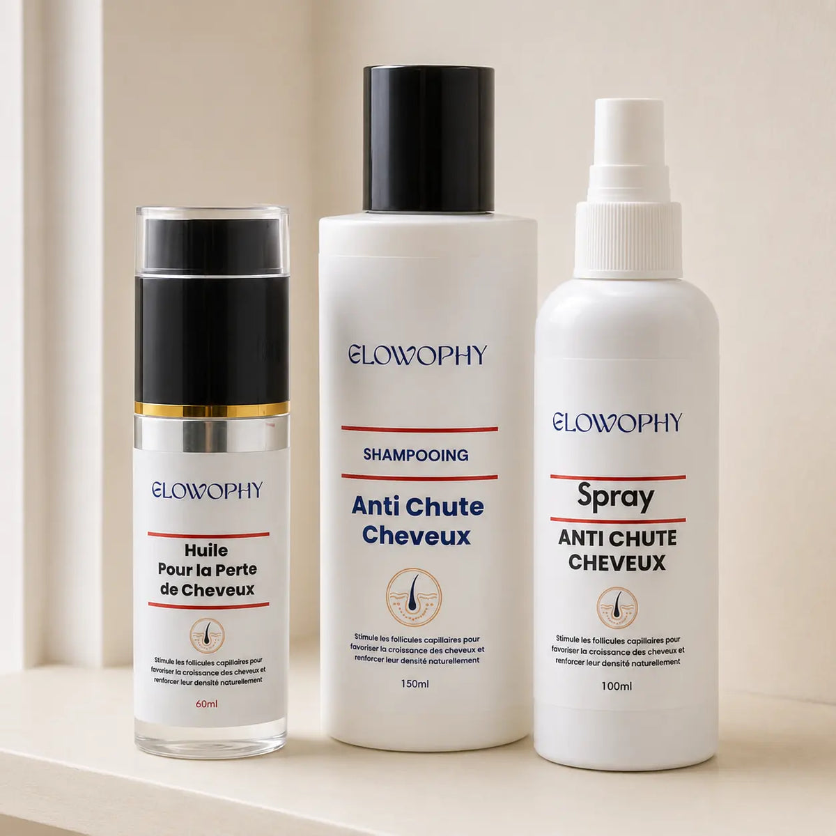 Détail des emballages Glowophy : shampooing 150 ml, huile 60 ml et spray 100 ml