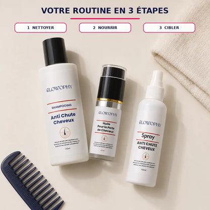 Étapes de la routine Glowophy avec shampooing, huile capillaire et spray
