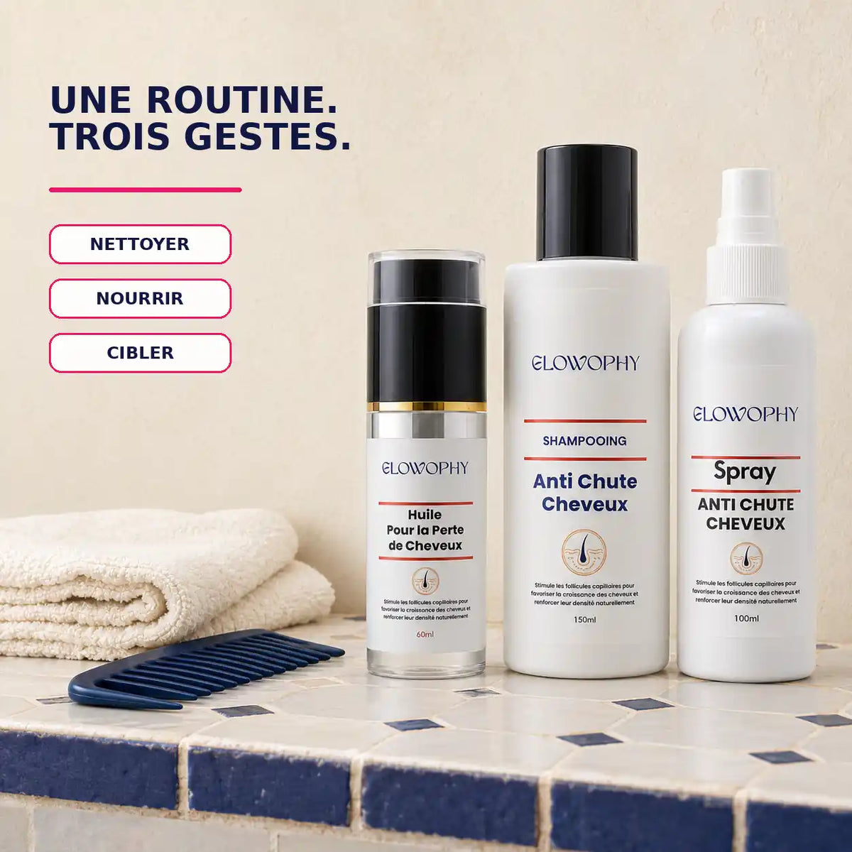 Routine capillaire Glowophy en trois gestes avec shampooing, huile et spray