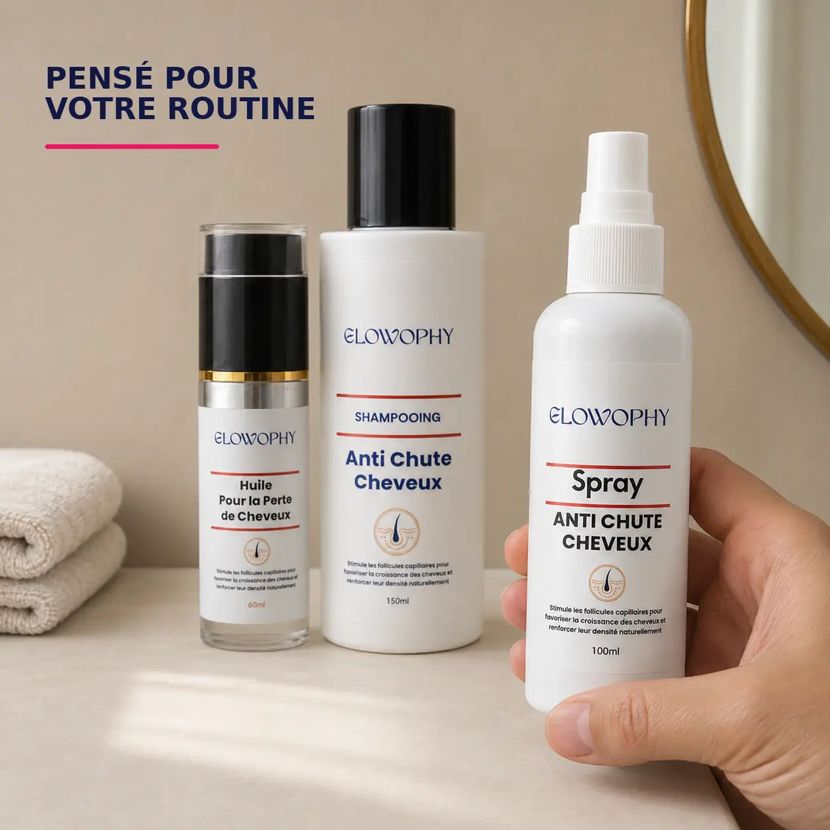 Spray anti-chute Glowophy 100 ml tenu en main avec shampooing et huile